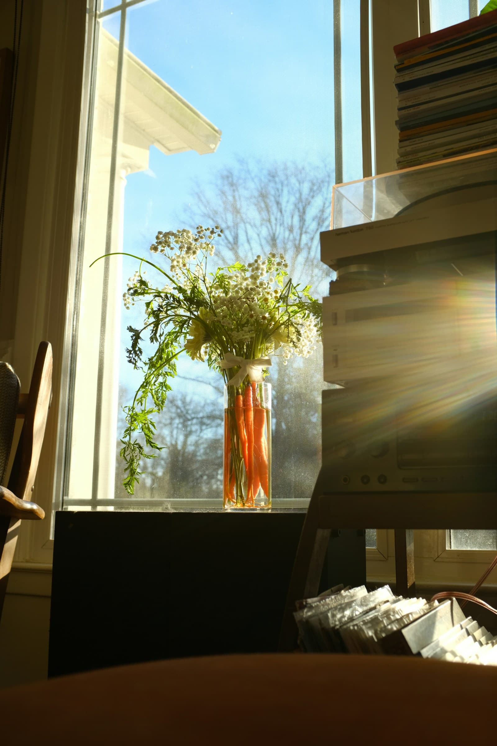 Sunlight falling on white flowers in a glass vase beside a stack of books